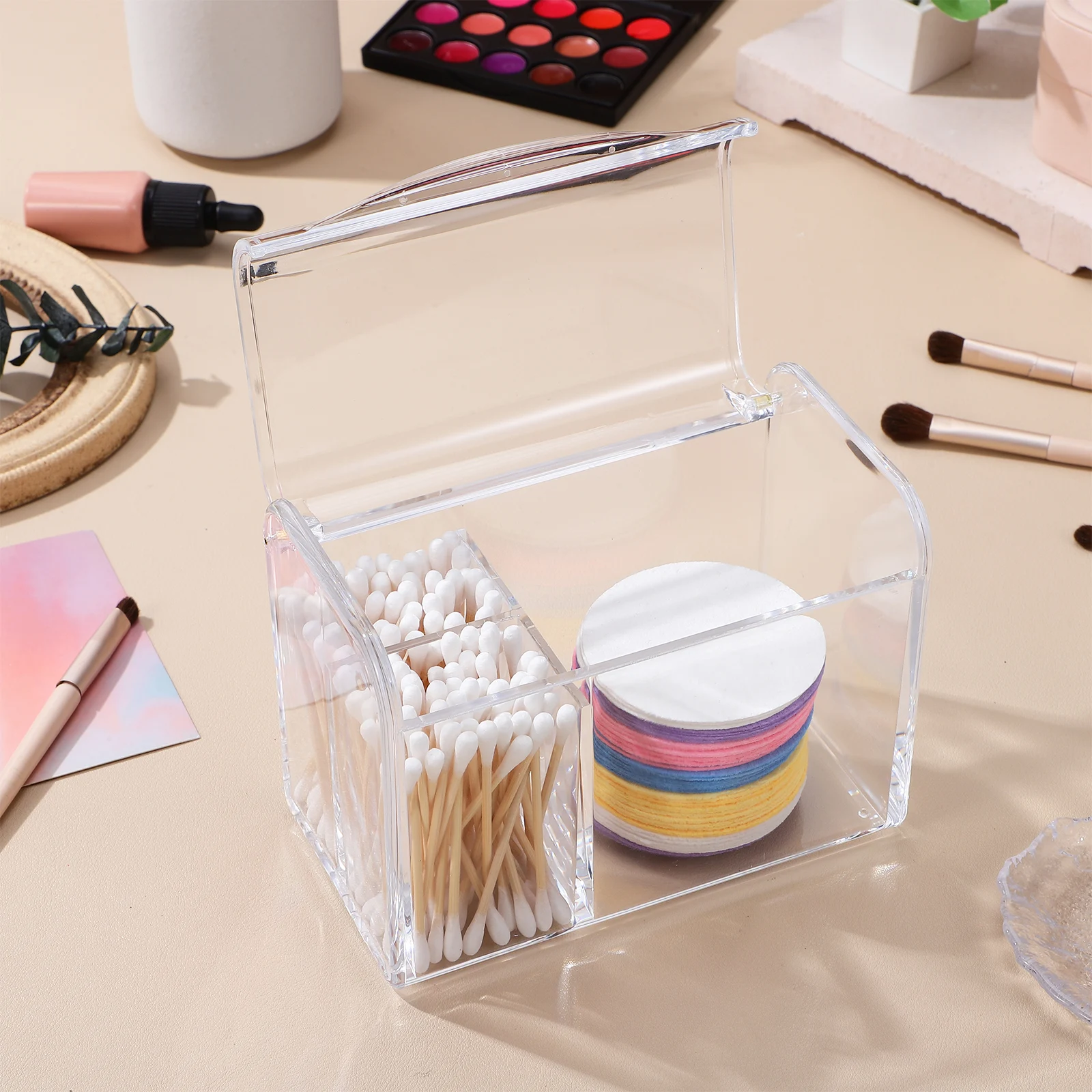 

2 Compartments Swab Container Acrylic Ball Holder Lid Storage Box For Cotton Swabs Jewelry Earrings Large Capacity