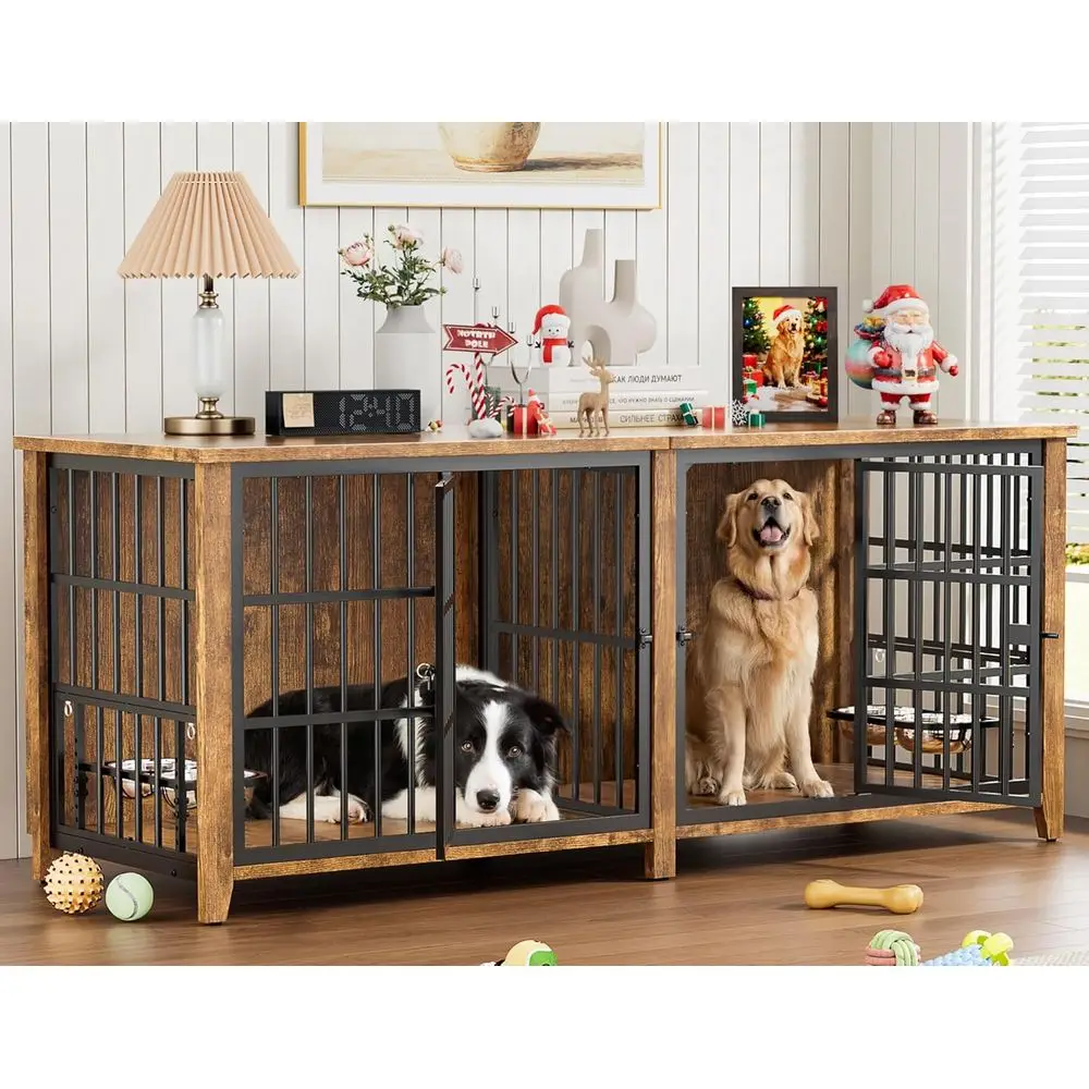 

Rustic Brown Indoor Dog Crate TV Stand for Medium to Large Dogs, 78 Long, with Divider and Dual Feeders, Up to 100 lbs