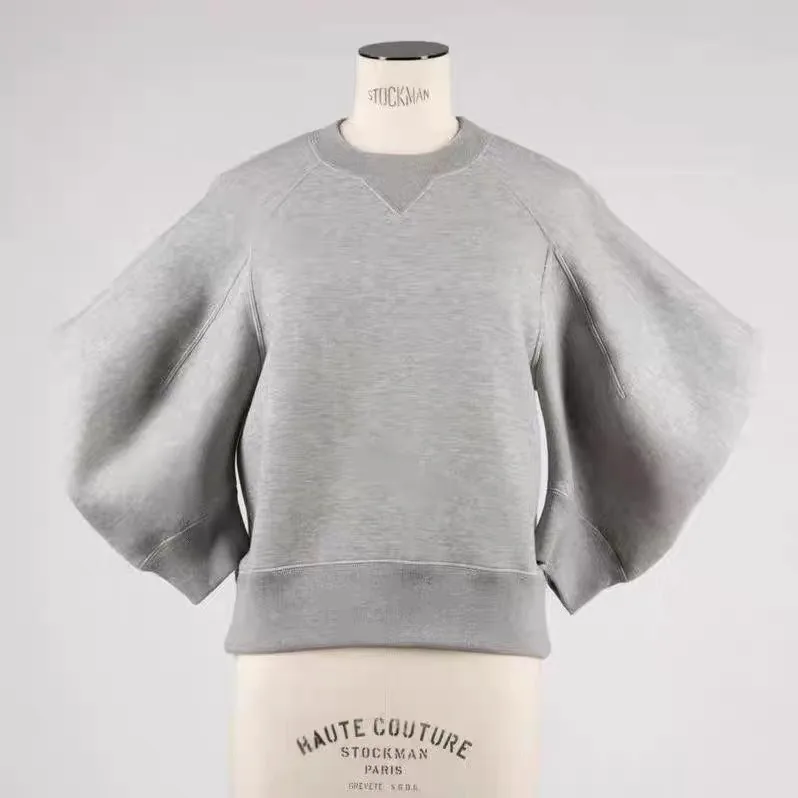 

25 Spring and summer new solid color short-sleeved round neck pullover bubble sleeve hoodie loose blouse women