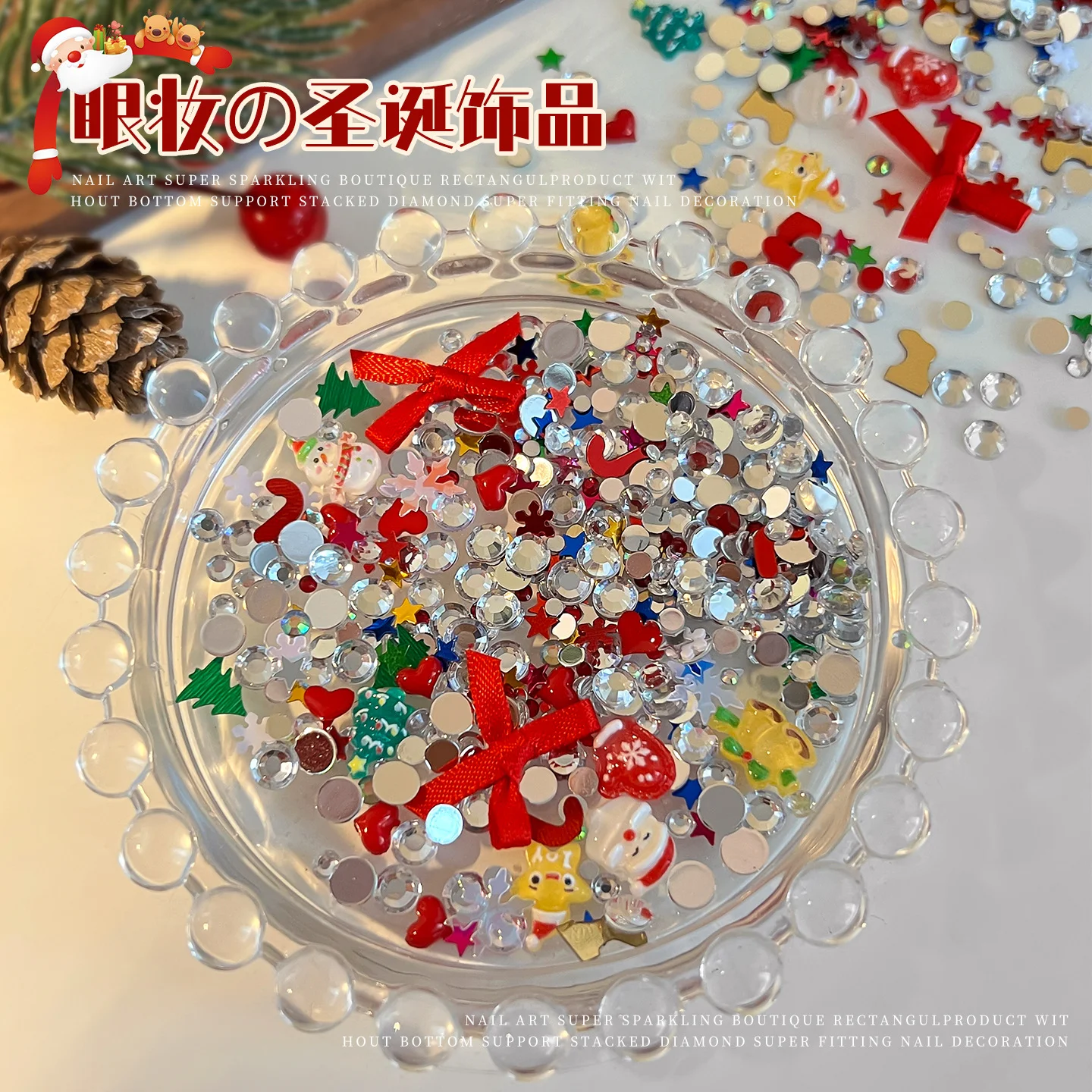 1 doos Mix Kerst Vibe 3D Steentjes voor Nagels Decoratieve Rode Lint-Strikken Sterren Sneeuw Vlokken Diamanten DIY Kerst Decoratie