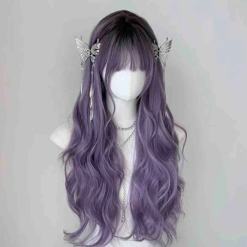 Gradient Gray Purple Long Curly Hair Explosion Top Dye Big Wave Simulation Full Head Set Versatile Cos Wig