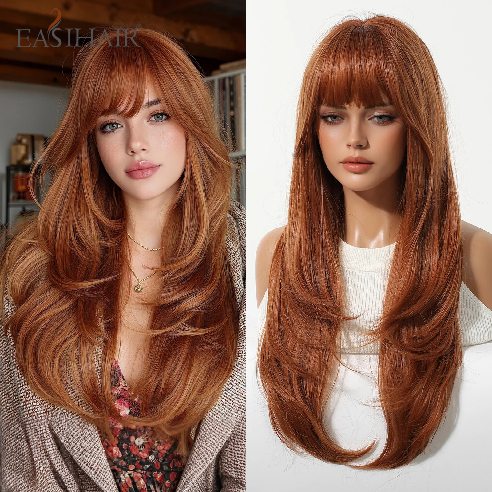 

EASIHAIR Red Brown Straight Layered Synthetic Wigs for Women Long Ginger Copper Straight Wigs Natural Hair With Bangs Daily Use