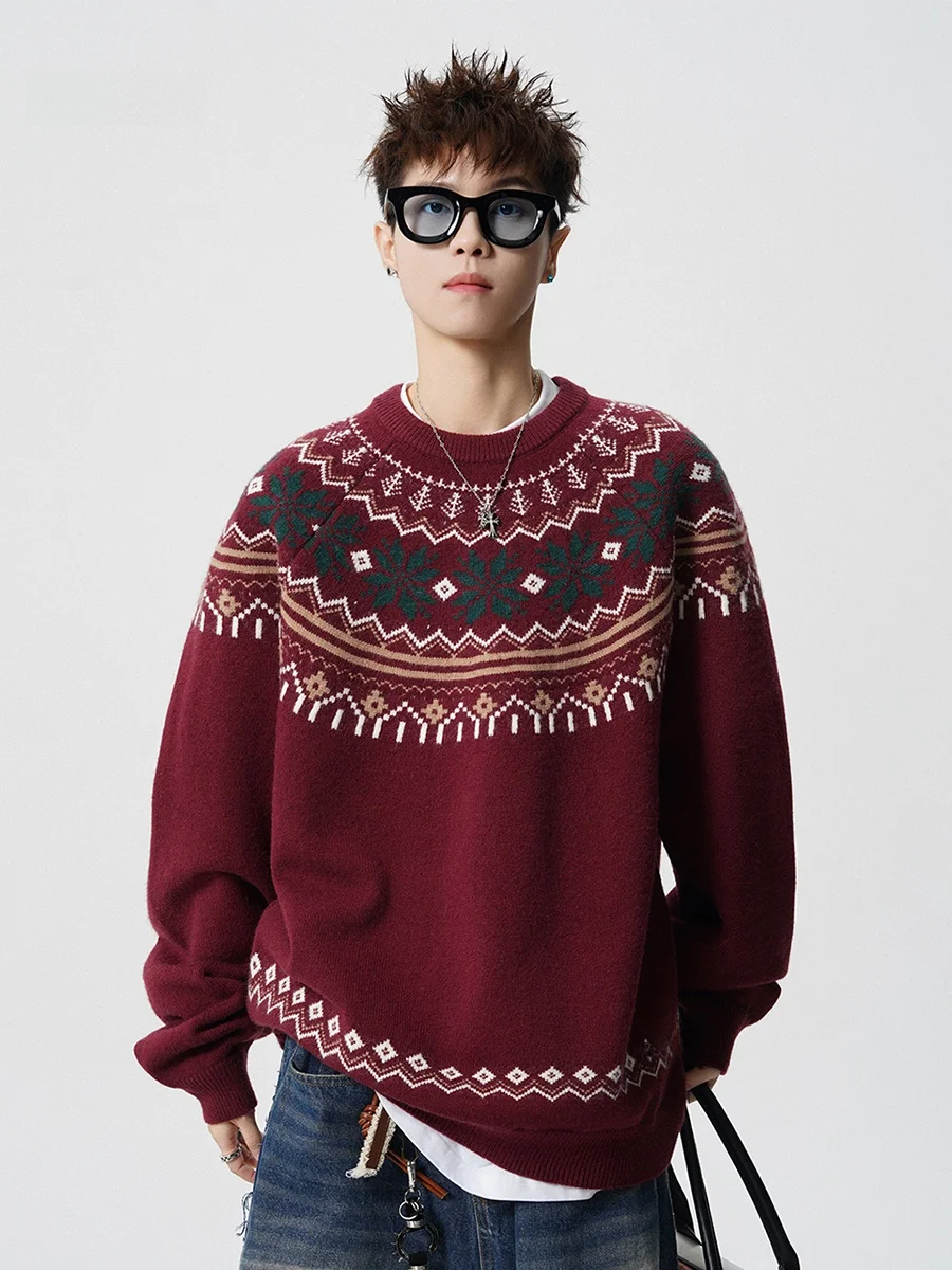 

Red New Year Fair Isle Thickened Knitted Sweater Men's Winter Inner Wear Retro Style Vintage Feel Regular Fit Long Sleeve Cre...