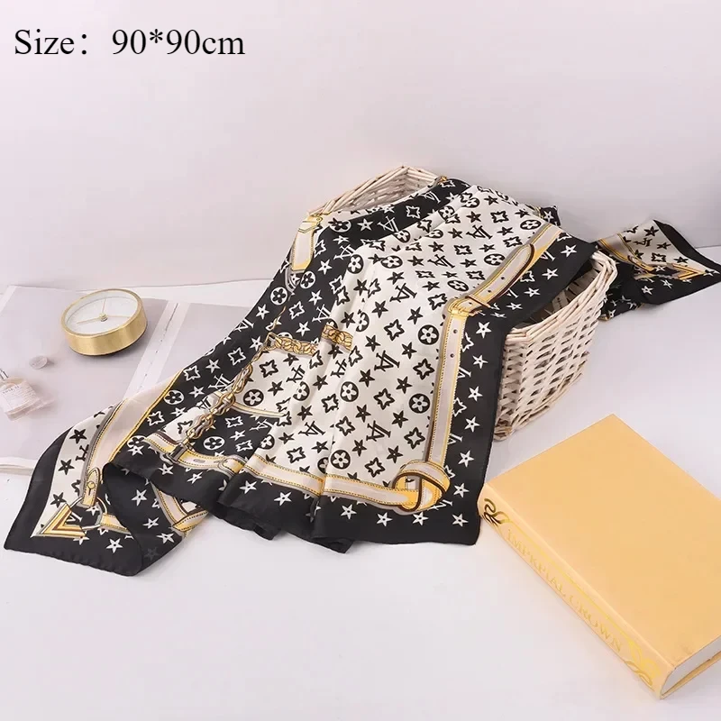 90*90cm seta artificiale catena geometrica stampata alfabeto lusso Hijab moda oro nero sottile scialle sciarpa morbido elegante Hijab