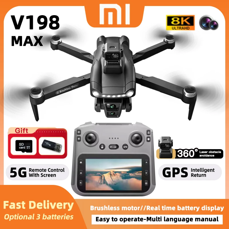 

Xiaomi V198MAX GPS Return Drone 5G 8K HD Dual Camera Dron Remote With Screen Laser Obstacle Avoidance Drone RC Toy Gift FPV