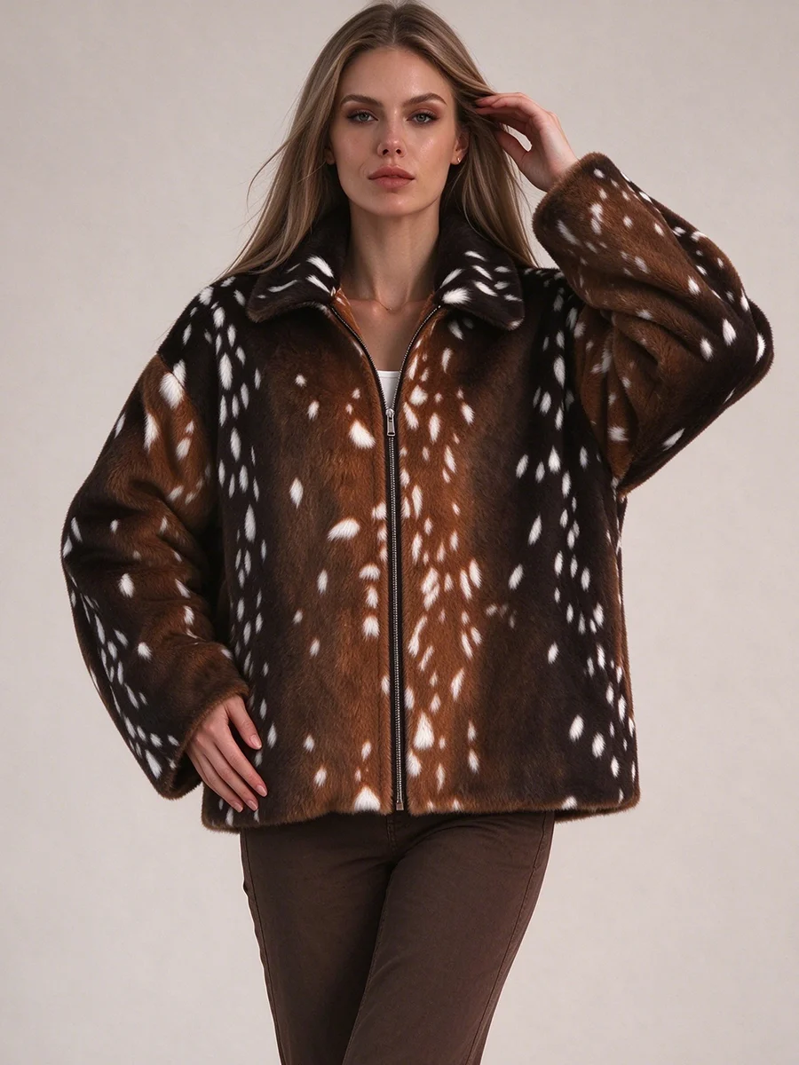 LIMO Women Deer Spotted Faux Fur  Coat Lapel Collar Zipper Plush Winter Warm Outerwear