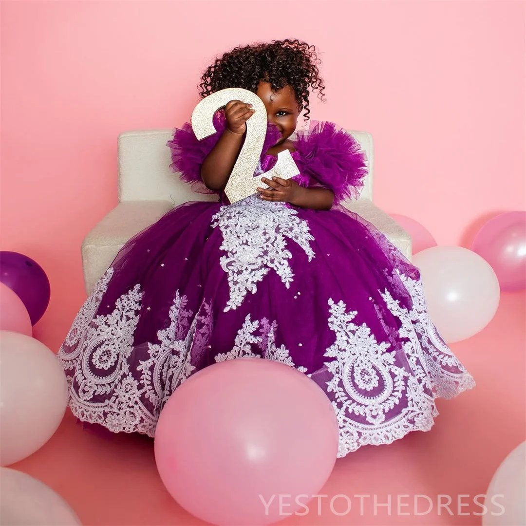 Personalizzato 2025 carino uva fiore ragazza abiti ragazze compleanno abito da comunione abiti maniche a sbuffo gioiello appliqued abito da ballo in pizzo