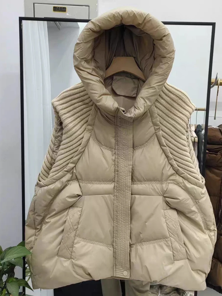 Winter Versatile Down Vest For Women Hooded Knitted Sleeveless Spliced Solid Color Coat Casual 2025 New Clothing Jacket