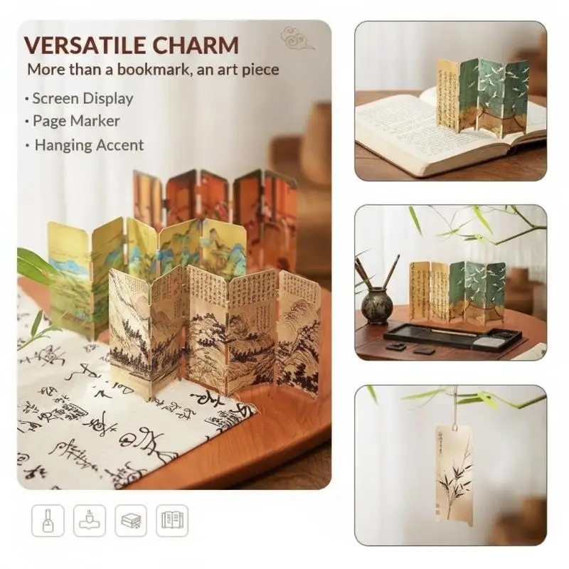 Chinese Style Folding Screen Bookmark Ancient Calligraphy Painting Design Book Marker Creative Cultural Stationery for Teenagers