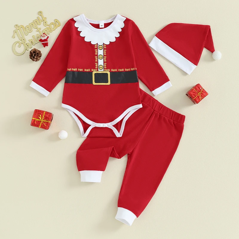 Infant Girls 3-Piece Outfit Set with Long Sleeve Santa Claus Bodysuit Color-Block Pants and Matching Hat for a Festive Look