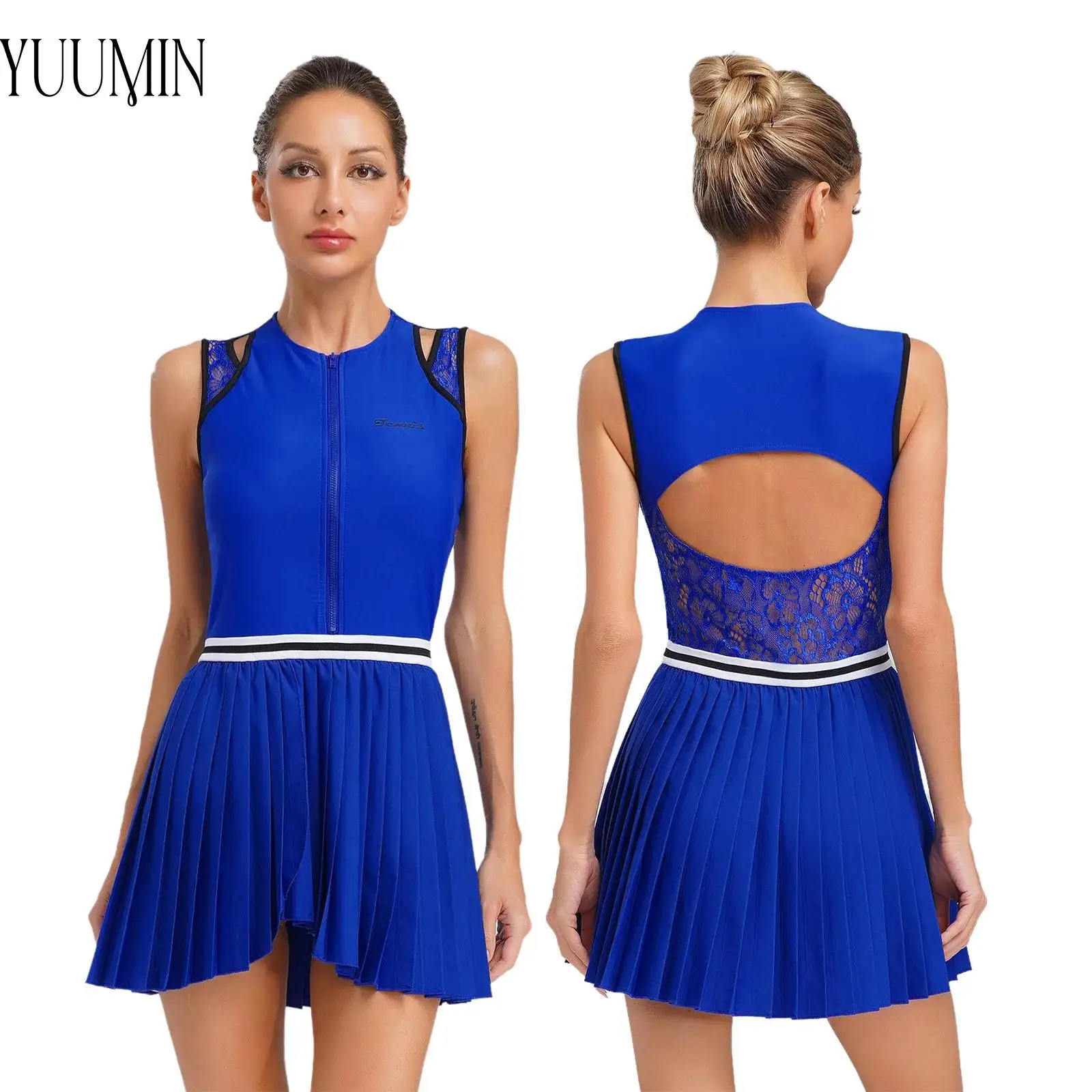 

Женское платье для тенниса и гольфа с кружевными вставками, для бега и тренировок, с круглым вырезом, без рукавов, с асимметричными плиссированными элементами, спортивная одежда