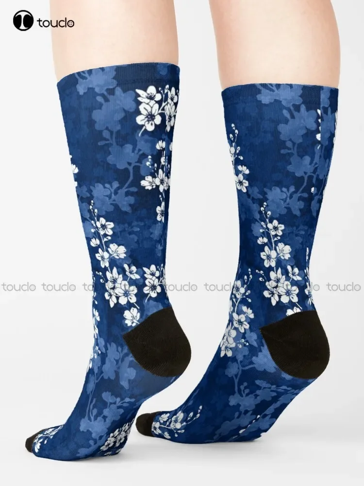 Sakura Blossom In Deep Blue Socks Socks For Boys Cartoon Comfortable Best Girls Sports 360° Digital Print Custom Gift Streetwear