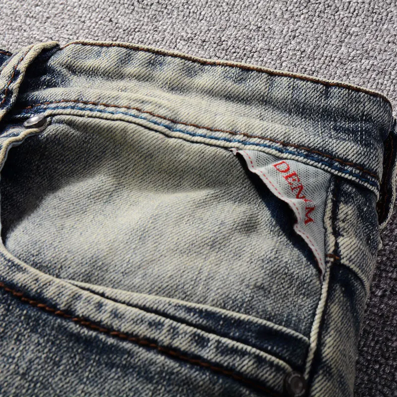 Newly Designer Fashion Men Jeans Retro Washed Blue Elastic Stretch Slim Fit Ripped Jeans Men Patched Vintage Denim Pants Hombre