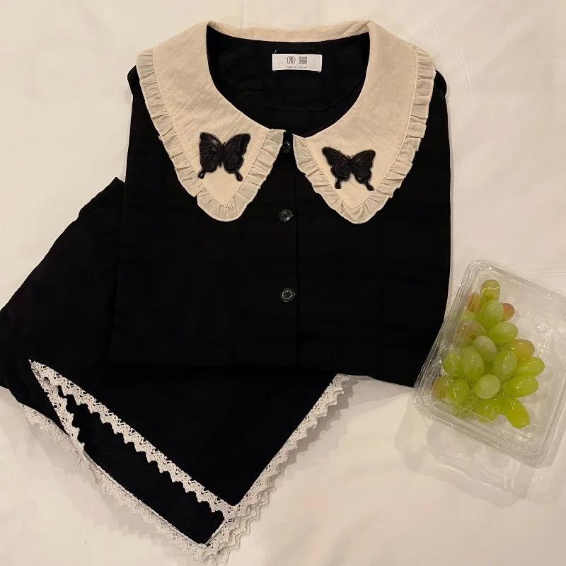 Casual Spring Autumn Summer Black Home Dress Pants Set Can Worn Outside Sleepwear Simple Butterfly Long Sleeve Pajamas Women