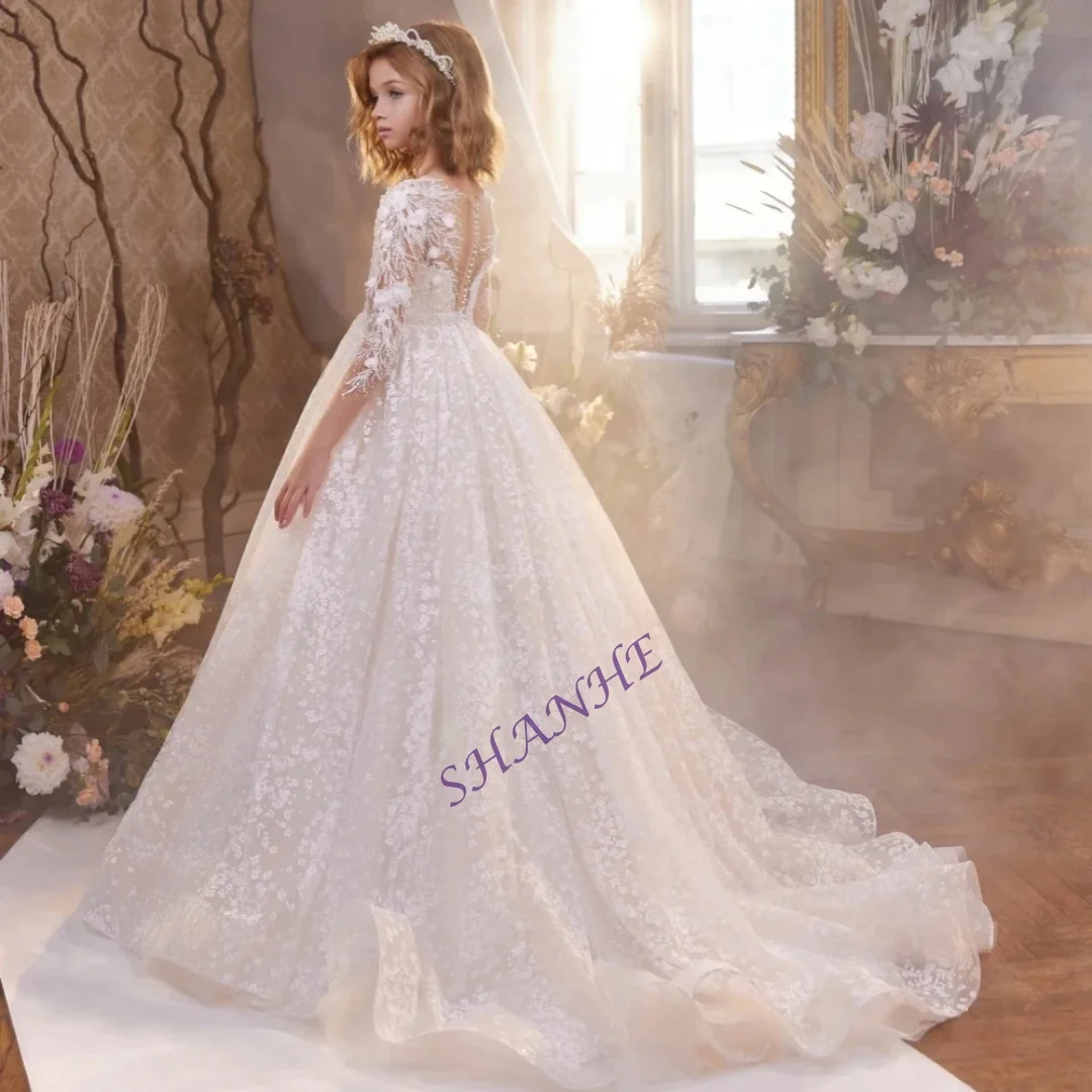 

Charming Luxury Beaded Lace Princess Gown For Girls Birthday Party Sparkly Sequins 3D Flower Kids Dresses Dancing Wear On Sale