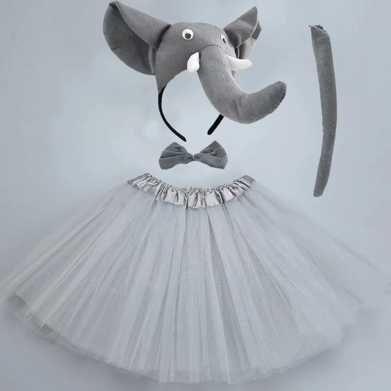 Women Teens Kids Elephant  Set Tutu Skirt Ears Bow Tie Tail  Props      Birthday Halloween Costume Cosplay