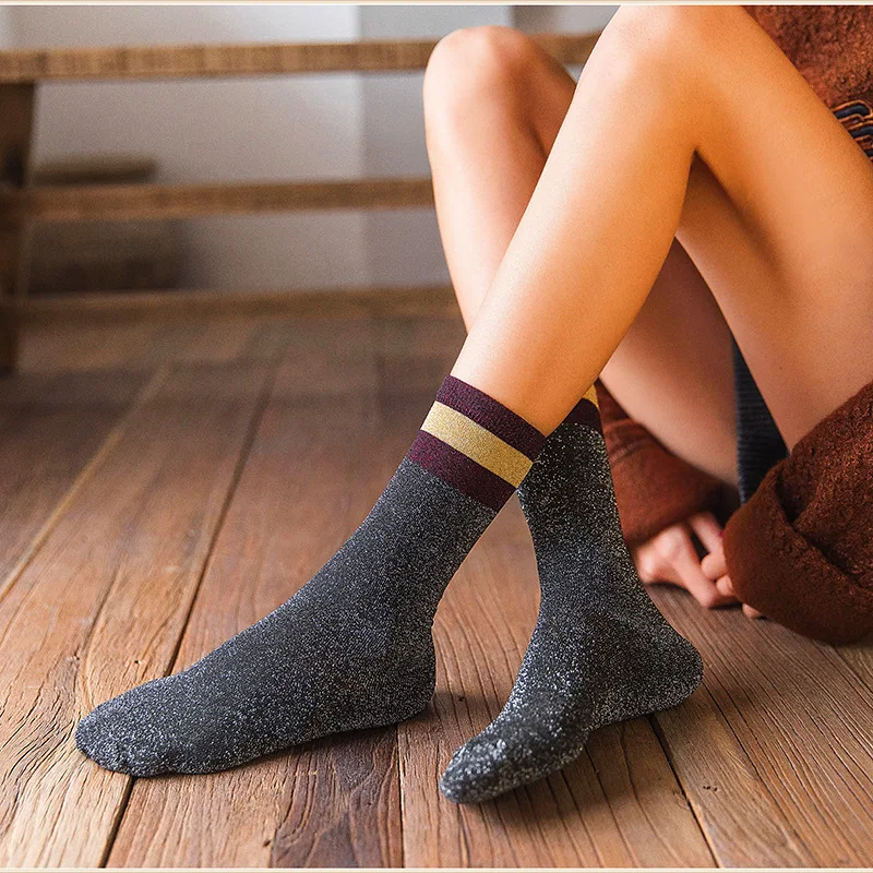 Fashion Shiny Glitter Striped Women Socks Trendy Rocks Roll Sparkled Bright Color Cute Kawaii Winter Warm Funny Socks Streetwear