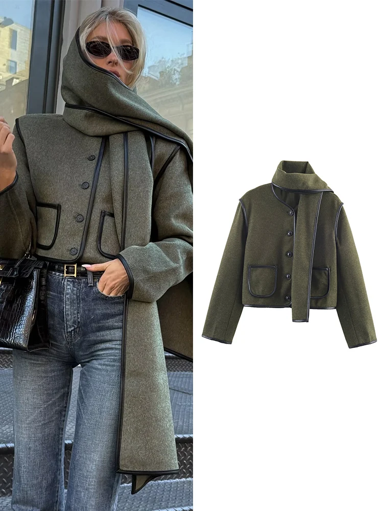 

Модная шерстяная куртка с шарфом и воротником для женщин, элегантное однобортное короткое пальто с длинными рукавами, осенняя шикарная теплая верхняя одежда