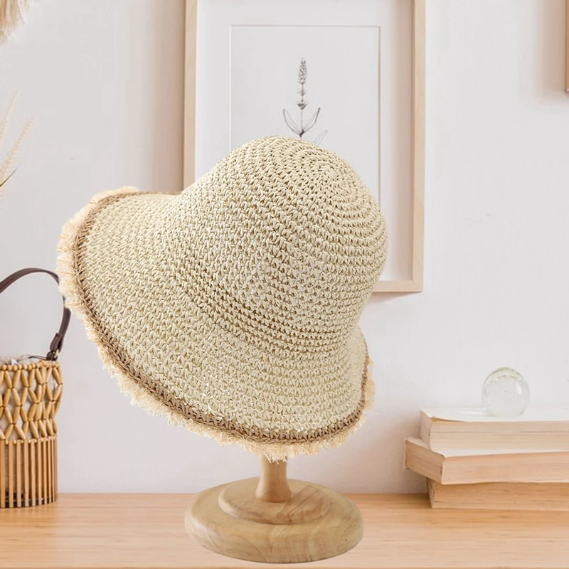 Grass Made Wide Brimmed Fur Edge Sun Hat Breathable  Foldable Sun Protection Fisherman'S Hat Vacation Beach Outdoor Travel Hat