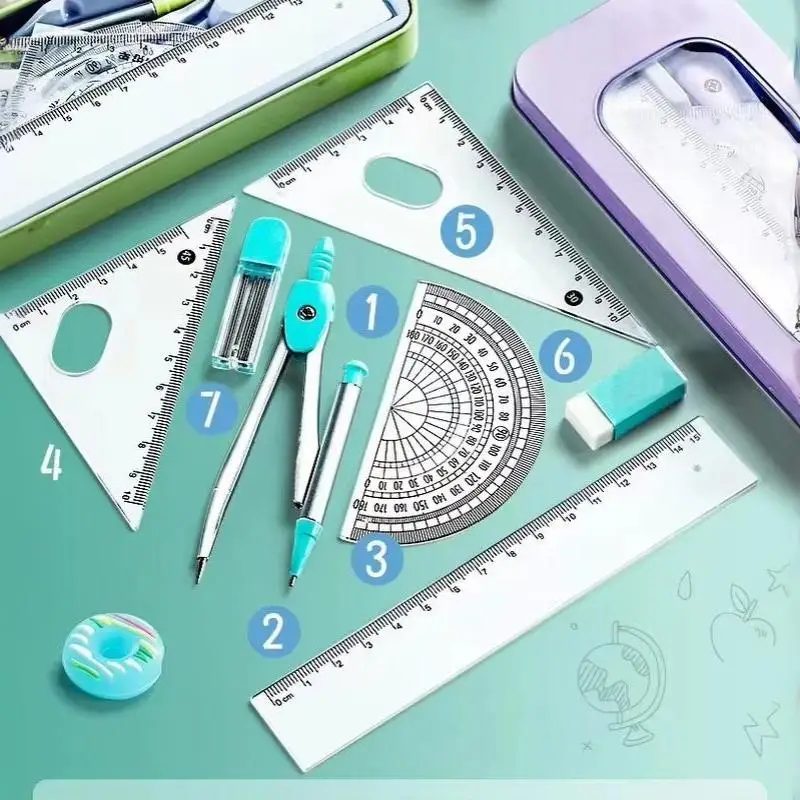 Juego de geometría de 7 piezas con compás y reglas para estudiantes