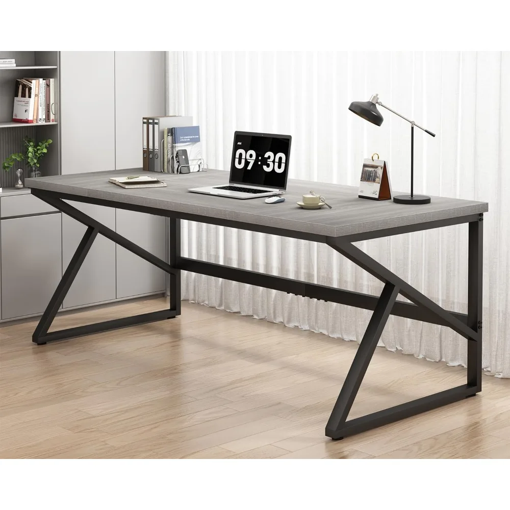 

70 Inch Long Grey Desk, Large Home Office Computer Desk for 2 People, Industrial Wood and Metal Executive Work Writing