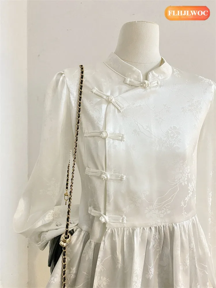 Rosa gola topos estilo chinês chi-pao blusas mulher nova 2026 primavera festa de casamento retro vintage barriga peplum camisas brancas