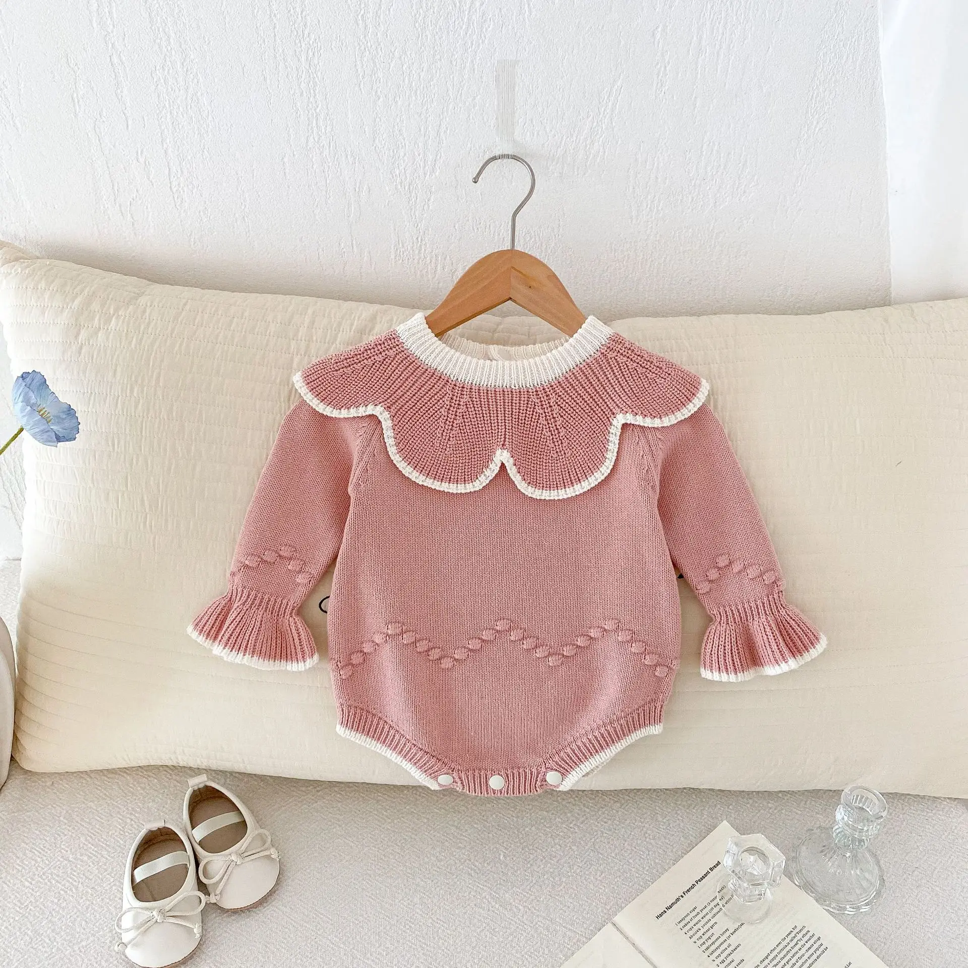 Ins 2024 Autumn Infant Girls Rompers Solid Cotton Lotus Leaf Collar Flared Sleeves Baby Girls Rompers Toddler Girls Outfits