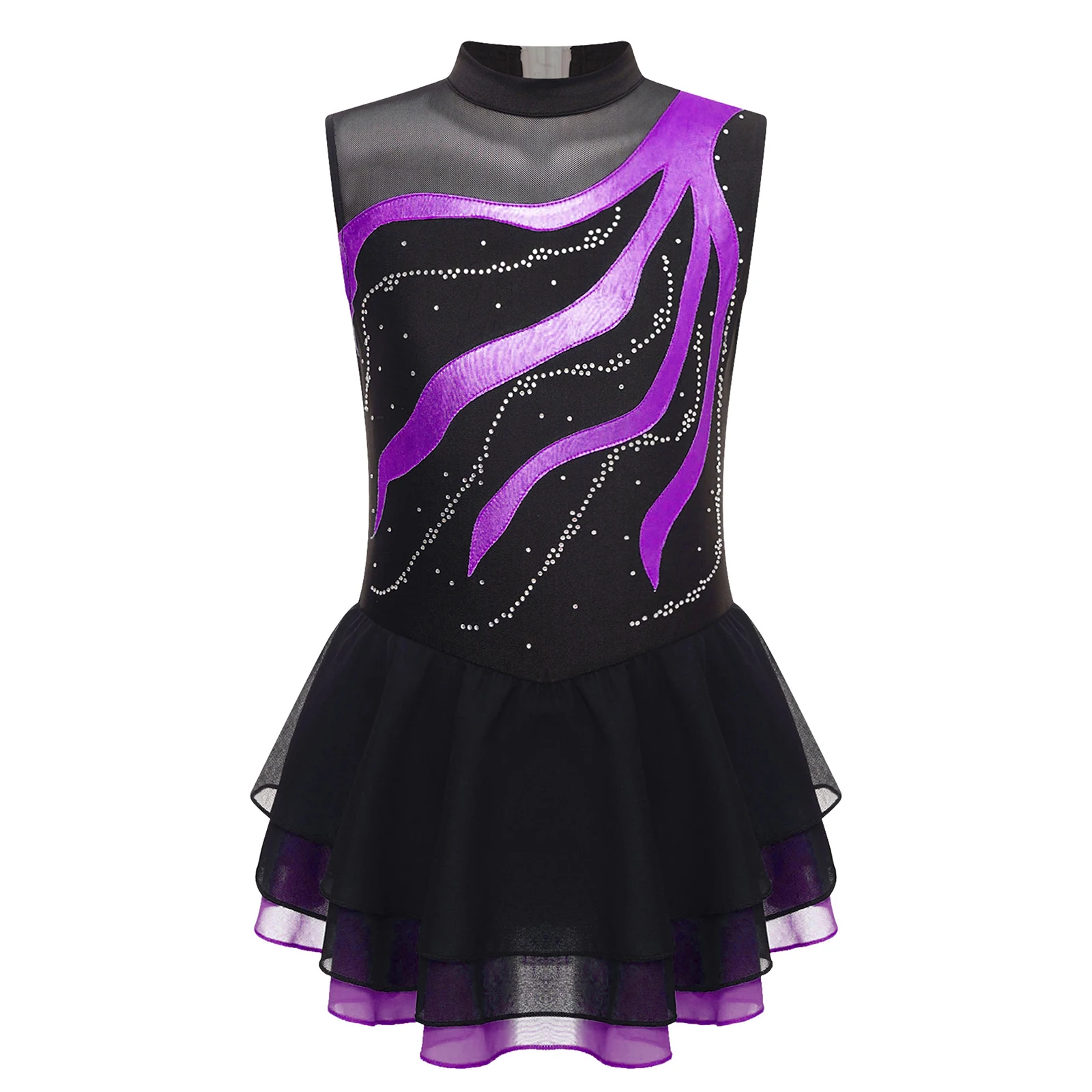 

Children Girls Sleeveless Figure Skating Performance Dress Rhinestone Mesh Modern Lyrical Dance Ballet Gymnastics Leotard Tutu
