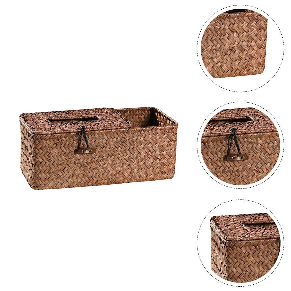 

1pc Seaweed Woven Tissue Box Storage Container Home Decorative Boxes Household Sundries Remote Holder Seagrass Basket Lidded Bin