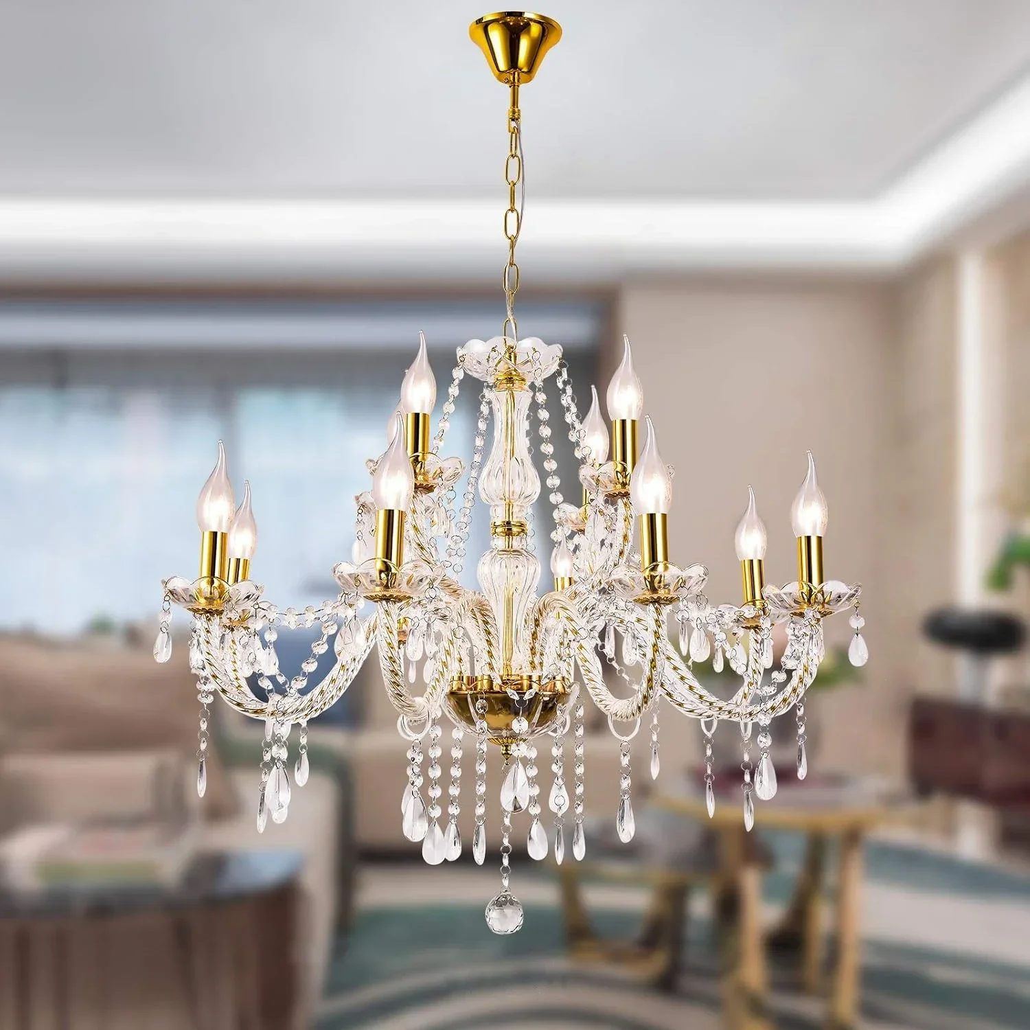 Gold Crystal Candelabra Ceiling Chandelier For Bedroom Dining Room Living Room, Classic Crystal Candle Pendant Chandeliers