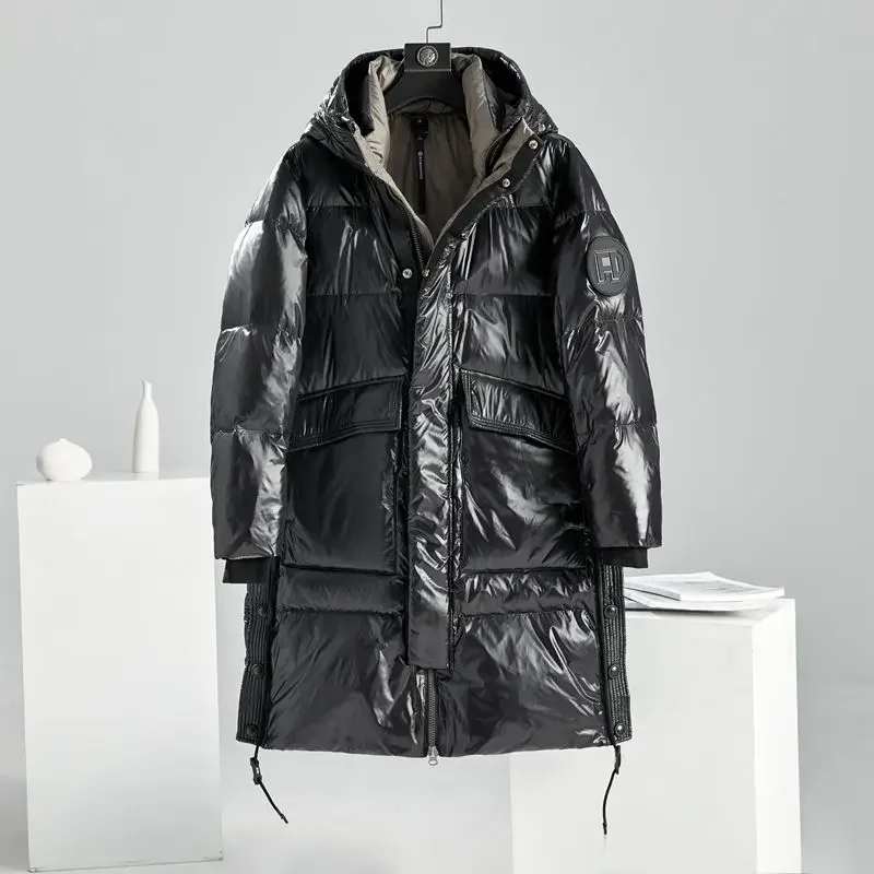 New Men Grey Duck Down Jacket Winter Coat Mid-length Below The Knees Parkas Glossy Loose Outwear Hooded Youth Overcoat