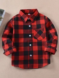 2024 New Fashion Autumn Boy Casual Plaid Shirt Red Black Long Sleeve Children Clothes Kid Clothing Checkered Blouses Cotton Tops