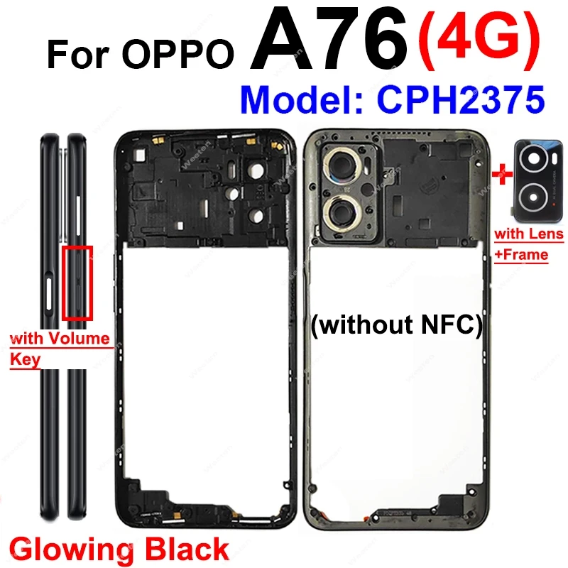 For OPPO A76 4G CPH2375 Middle Housing Frame Back Cover Battery Door Housing Bezel Middle Holder Frame Housing Replacement