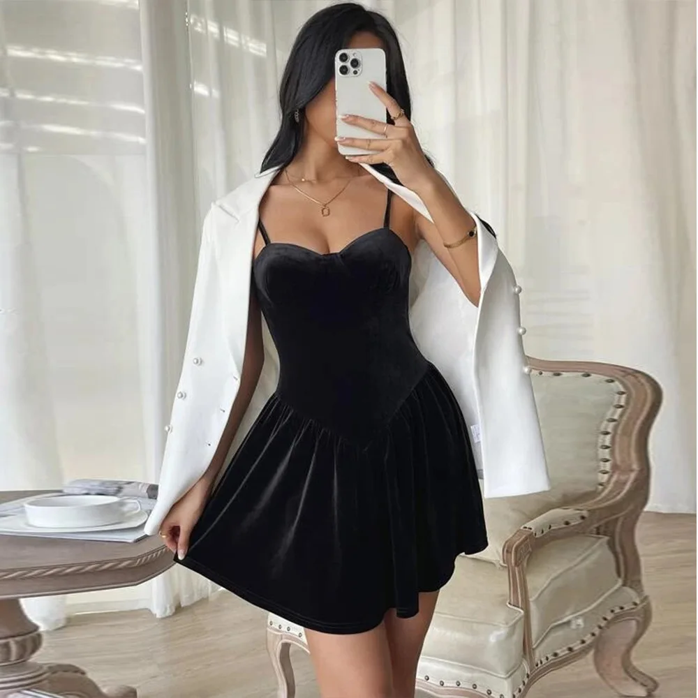 

Sexy Velvet Halter Dress Women's Fashion Party Dress Low Waist Short Skirt without Sleeve Dress for Middle-Aged Women