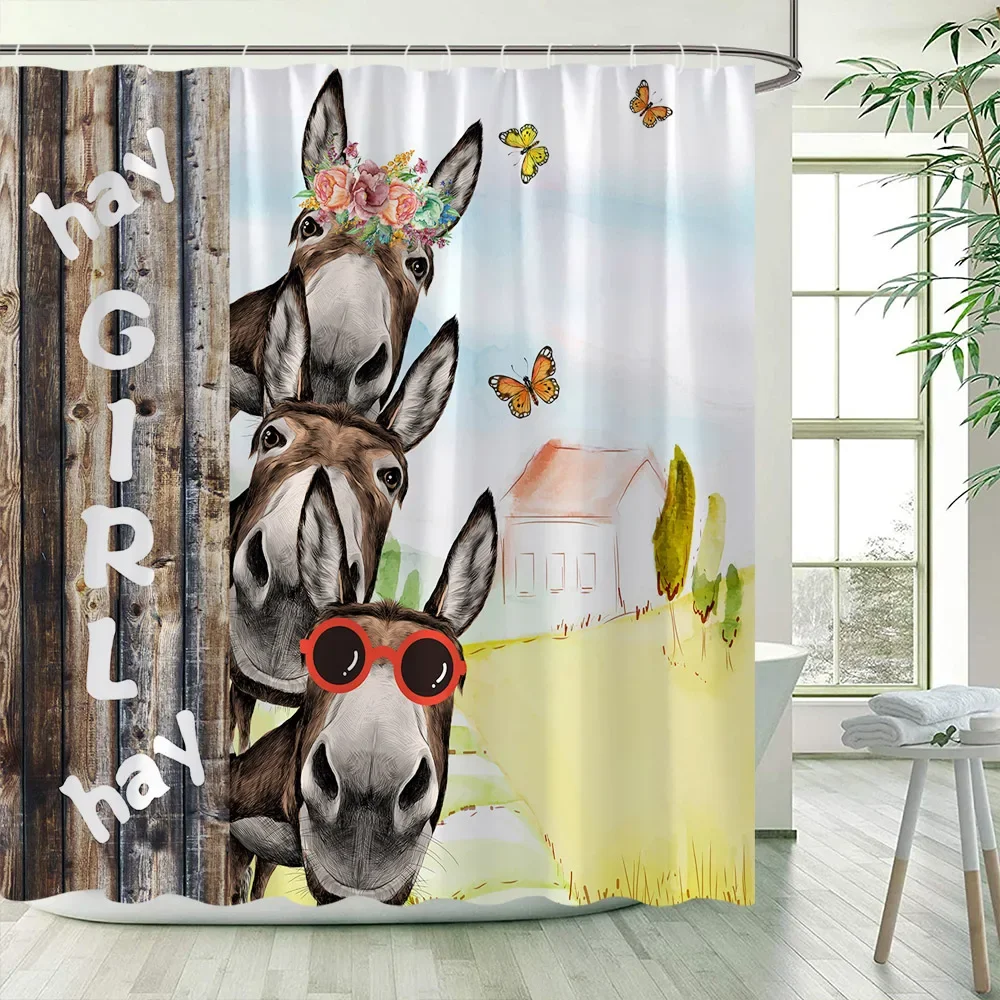 Funny Donkey Shower Curtains Vintage Barn Wooden Door Sunflower Farm Animal Bath Curtain Set Polyester Bathroom Decor with Hooks