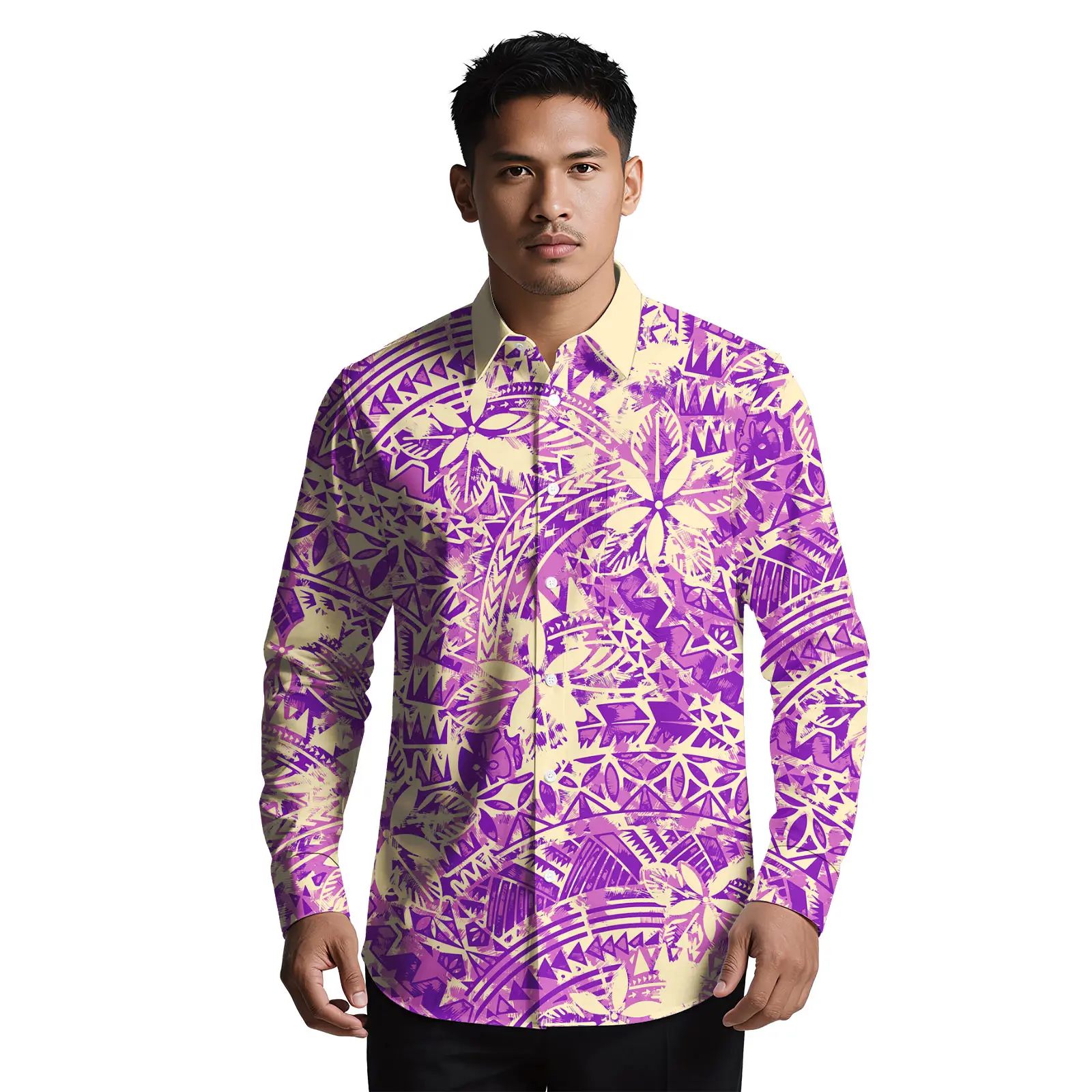 ساموا موضة جديدة مخصصة مريحة بدوره إلى أسفل طوق قميص طويل الأكمام ألوها قمصان البولينيزية القبلية تصميم قميص للرجال #6