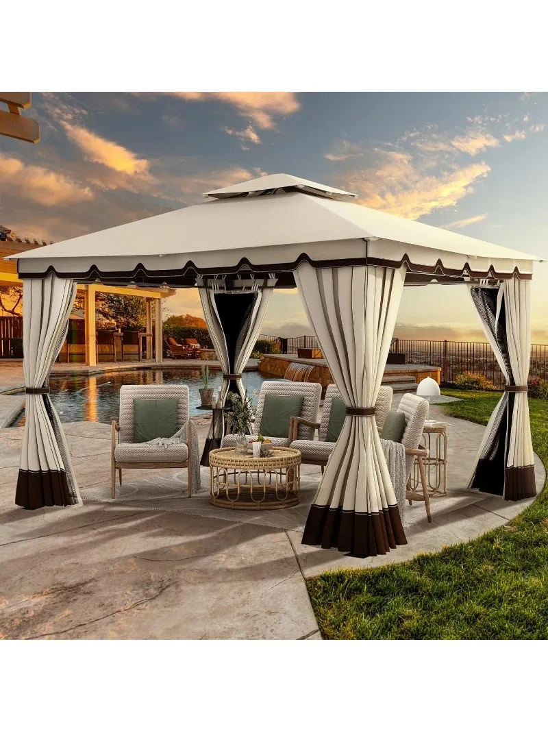 10x12ft Gazebo for Patios Outdoor Double Roof Canopy Gazebo with Netting & Curtains, Soft Fabric Top Garden Winds Tent