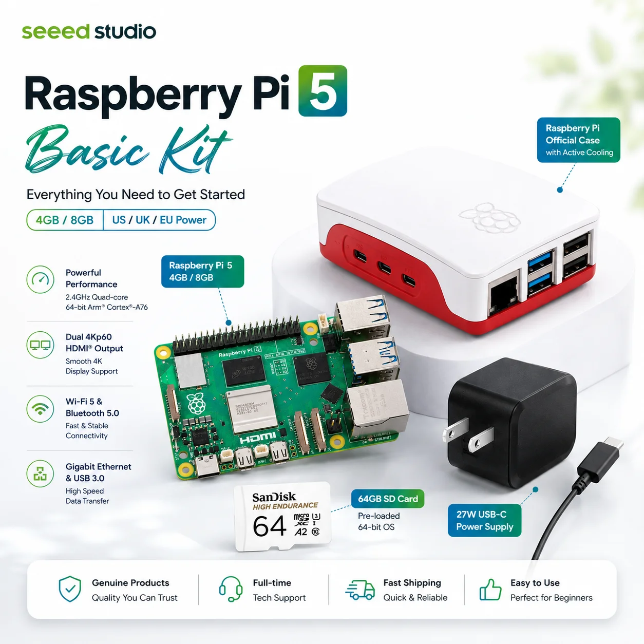 Raspberry Pi 5 Basic Kit 4GB/8GB with Official Case, 27W USB-C Power Supply, 64GB SD Card Preloaded 64-bit OS, US/UK/EU Plug