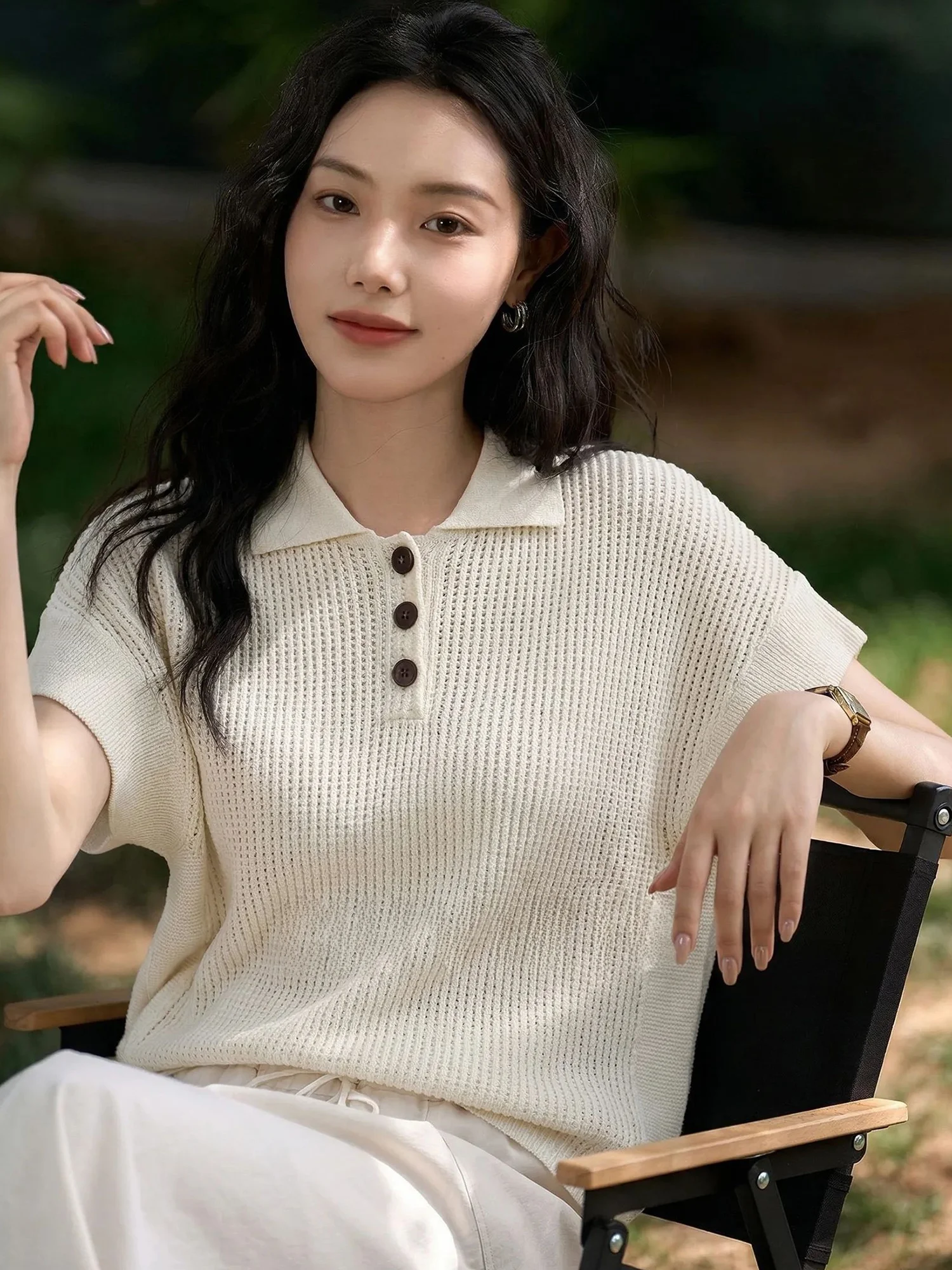 

Chivirin Summer Cotton Linen Knitted Hollow out Collar T-Shirt Women's Short Sleeve Loose Fit Casual Top Age Defying