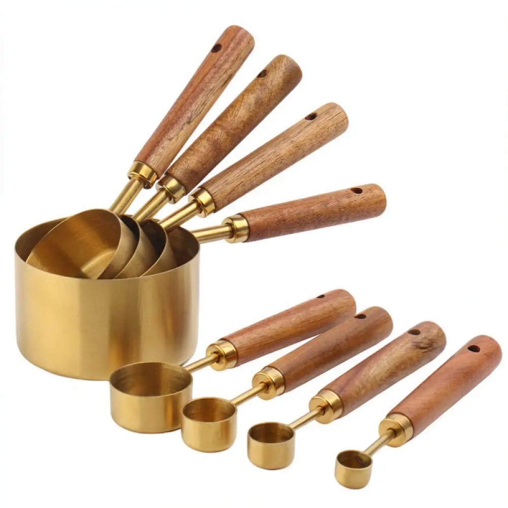Kitchen Essential Measuring Spoons Cups Set Stainless Steel Wooden Handle Baking Utensils Accurate Capacity For Daily Recipes