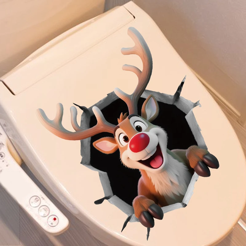 Christmas Cartoon Santa Claus Reindeer Break Through The Wall Revealing Room Toilet Door Sticker Waterproof Self-adhesive Decor