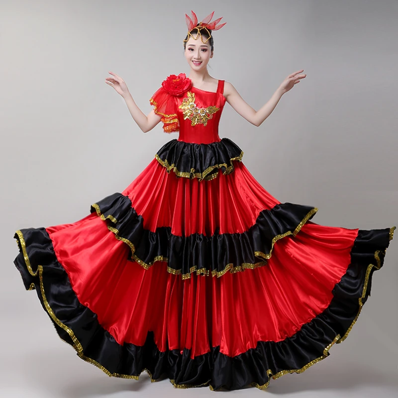 Vestido espanhol de dança flamenca para mulheres, traje de tourada, saias swing, desempenho 360-720 graus