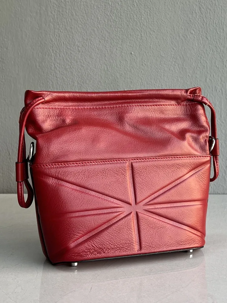 Concise Female Genuine Leather Crossbody Bags High Quality Ladies Drawstring Handbag Solid Color Cowhide Single Shoulder Bag