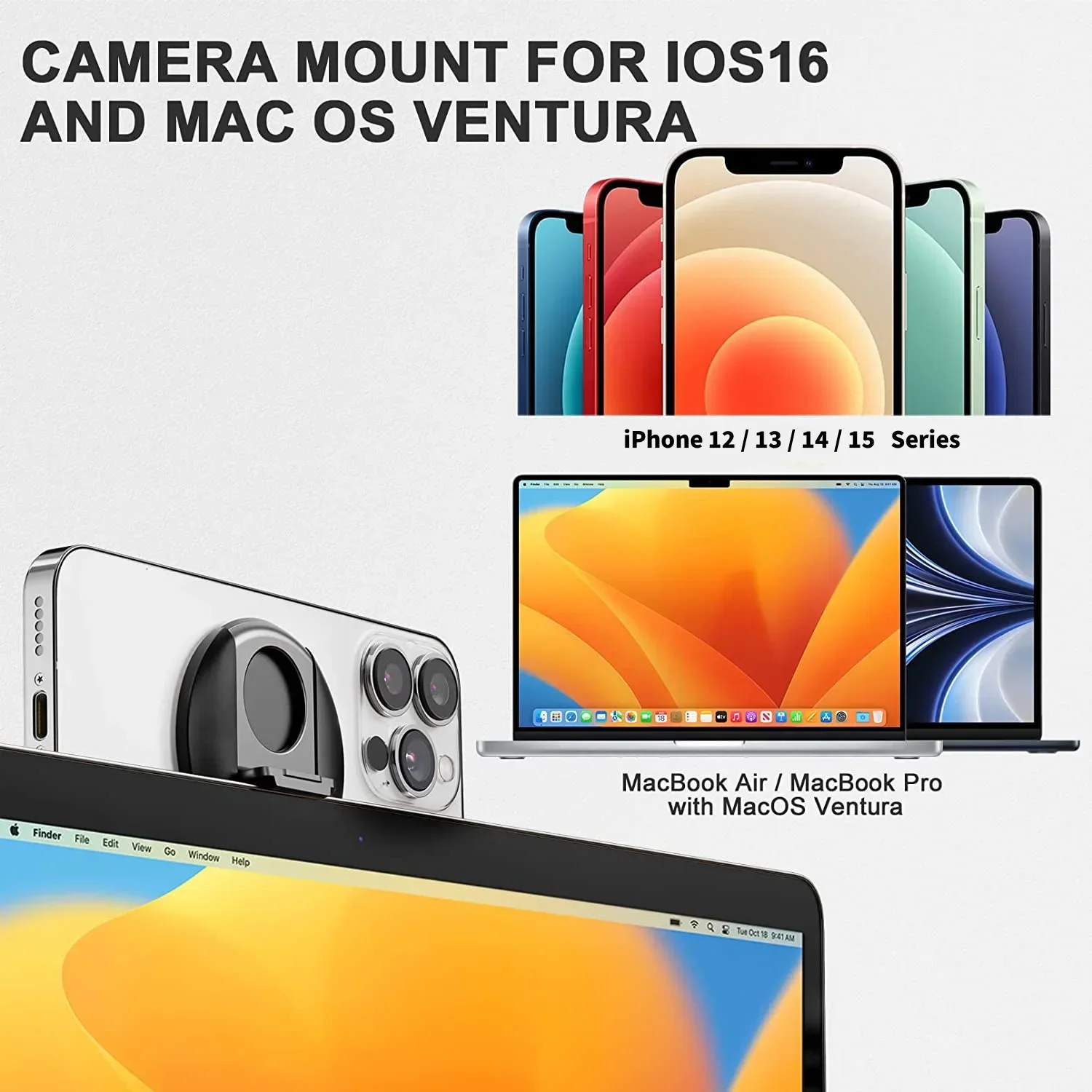 حامل كاميرا استمرارية لأجهزة الكمبيوتر المحمولة MacBook/iPhone 12، 13 & 14، متوافق مع Magsafe، حامل كاميرا ويب iPhone، عرض مكتبي متوافق