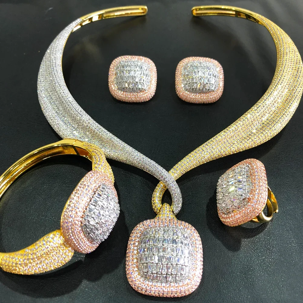 

Kellybola Luxury 4Pcs Square Necklace Bangle Earrings Ring For Women Wedding Luxury Cubic Zirconia Dubai Bridal Jewelry Set