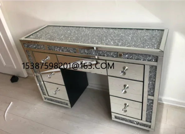 Modern Glam Mirrored Frame Shinny Crystal Decor Vanity Table Dresser Glass Dressing Table For Bedroom Furniture