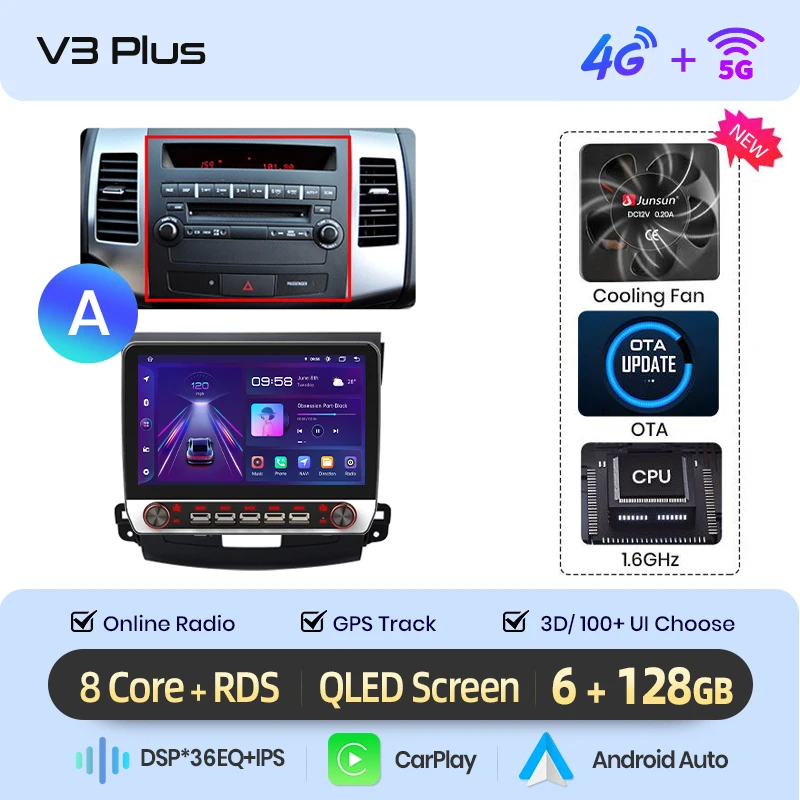 Junsun 13.1″ QLED Draadloze CarPlay Android Auto Autoradio Voor Mitsubishi Outlander 2 Citroen C-Crosser 2005-2011 DSP SWC RDS GPS