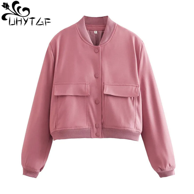 

UHYTGF Women Fashion Pockets Bomber Jacket Coats Women's Vintage Long Sleeve Front Button Casual Female Outerwear Chic Tops 2697