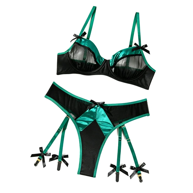 

Women 3Pcs Mesh Garter Lingerie Set With Stockings, Black Green Satin Patchwork Erotic Underwire Bra Thong Kit For Halloween Cos