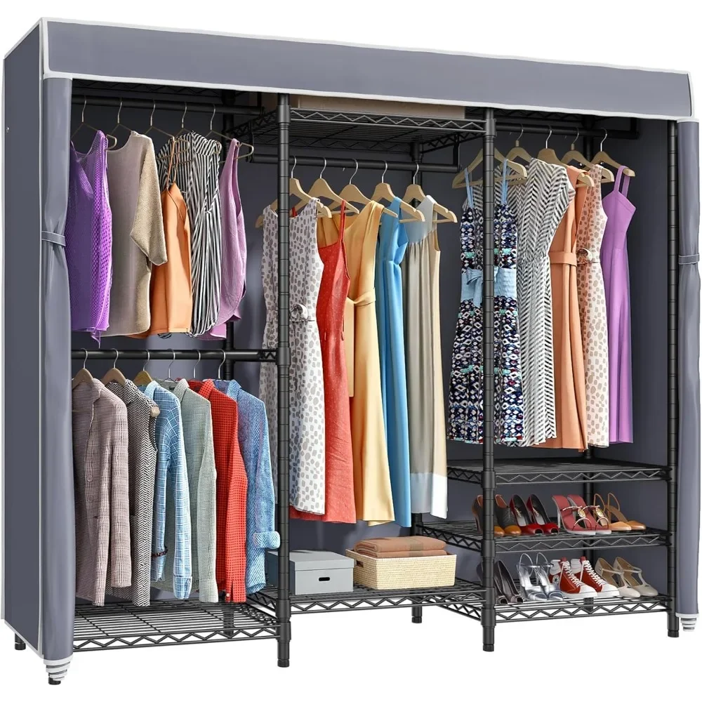 Portable Clothes Closet Wardrobe Bedroom Heavy Duty Covered Clothes Rack Metal